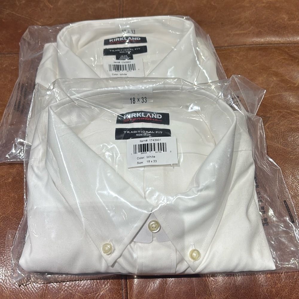 Kirkland Signature White Dress Shirts 18 x 33 NWT 2 shirts 1 price